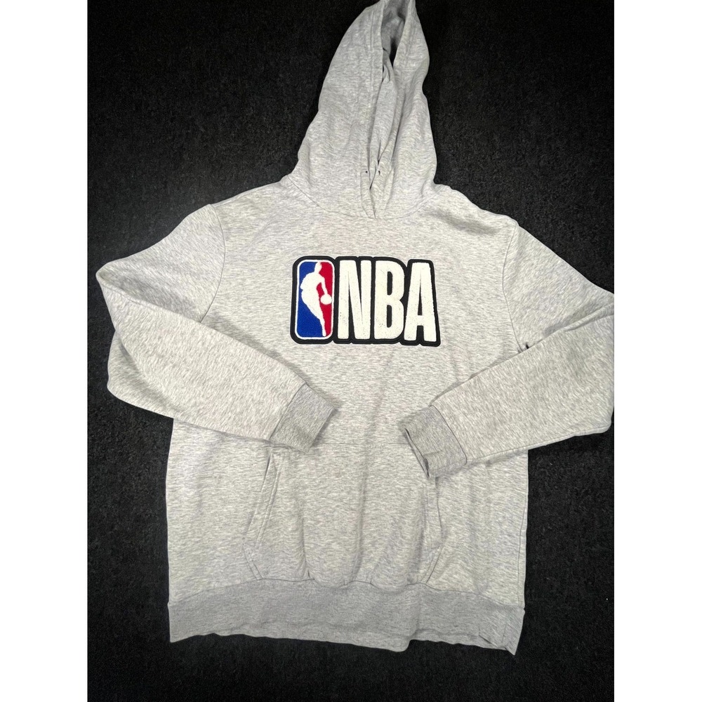 NBA Hoodie Mens Large Heather Gray Logo Lined Ribbed Kangaroo Pockets Athletic